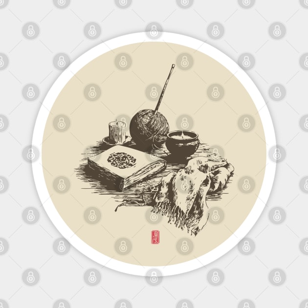 Candlelit Evening of Knitting and Crafting Still Life Magnet by TuncGK